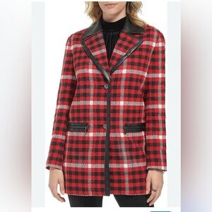 Karl Lagerfeld Red and Black womens Plaid Blazer faux leather jacket 2 bottom.